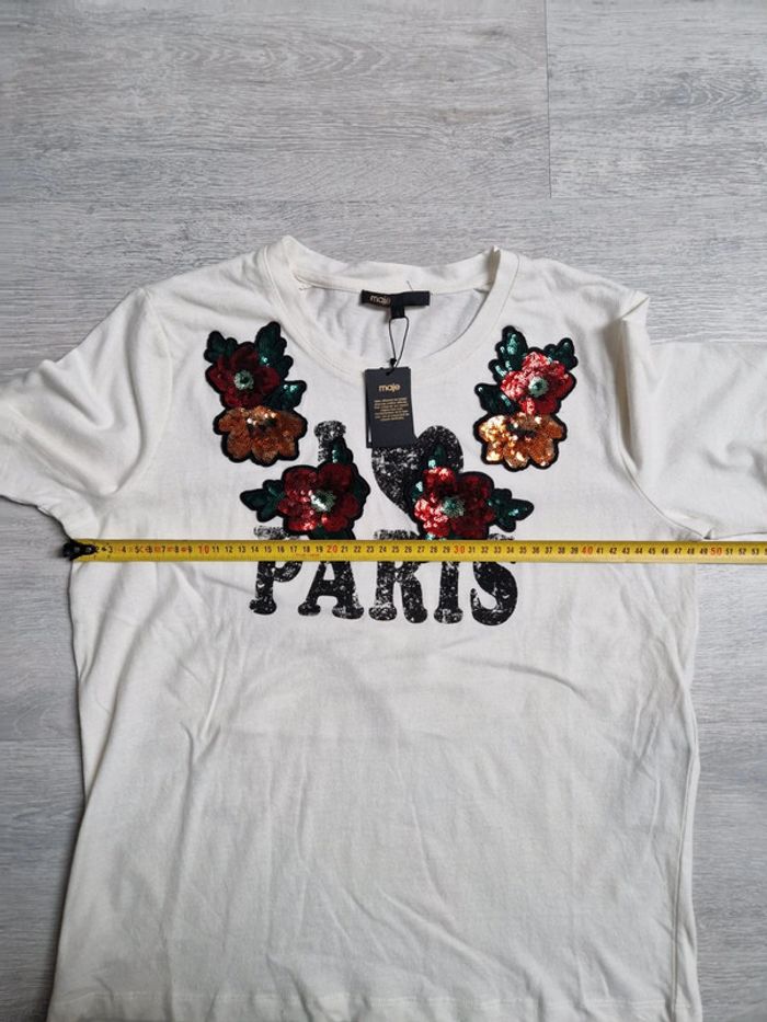 Tee-shirt Maje neuf avec étiquette Taille 1 Paris avec fleurs et sequins - photo numéro 5