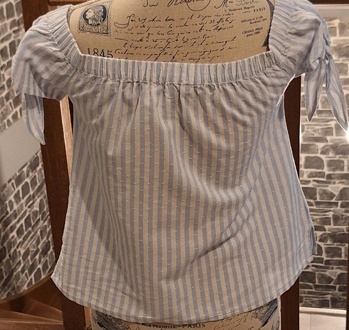 Blouse boutonnée rayée blanche et bleu ciel - photo numéro 4