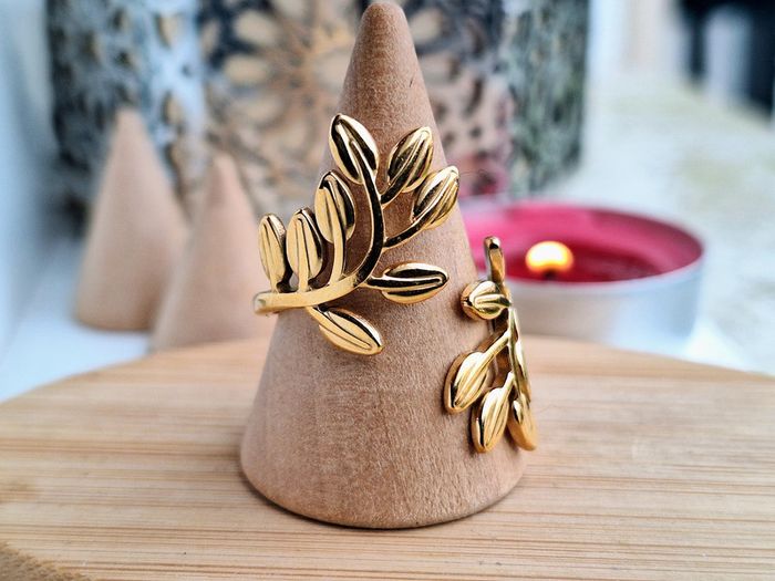 Bague Ouverte Doré motif feuilles acier inoxydable Bague design ouvert Ajustable bague Pour elle - photo numéro 2