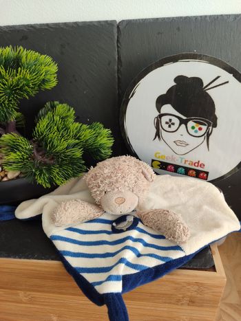 Doudou plat ours écru bleu marine rayé mouette pommette marron beige DD003184