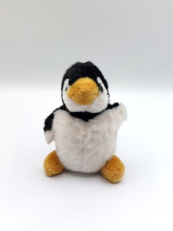 Ancienne petite peluche pingouin blanc noir jaune moutarde doudou vintage 18 cm yeux durs
