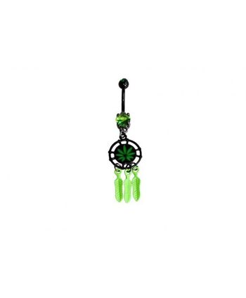 Piercing nombril attrape reve catcher plume feuille noir strass vert 