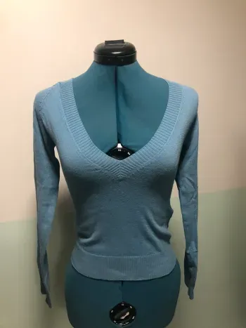 Pull bleu femme S 36 col v petit tricot Zara trafaluc
