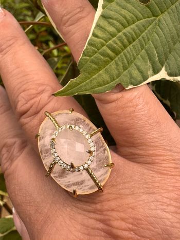 Grosse bague habaha Paris quartz blanc zircons acier inoxydable or réglable