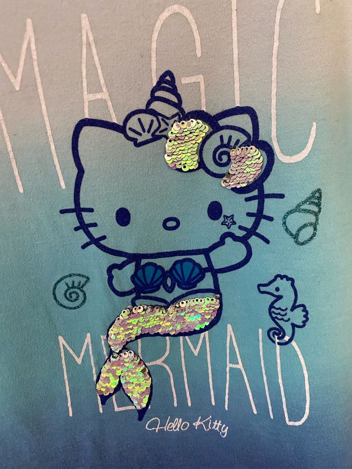 T-shirt bleu délavé sirène sequins 4 ans Hello kitty - photo numéro 4