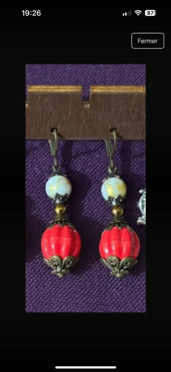 Boucles d’oreilles citrouilles rouges et perles dorées métal bronze