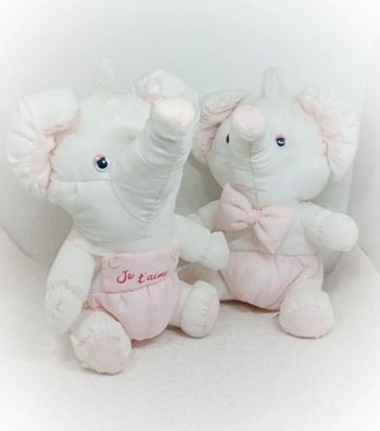 Peluche plush doudou éléphant je t'aime i love you couple parachute puffalump rose pink blanc white