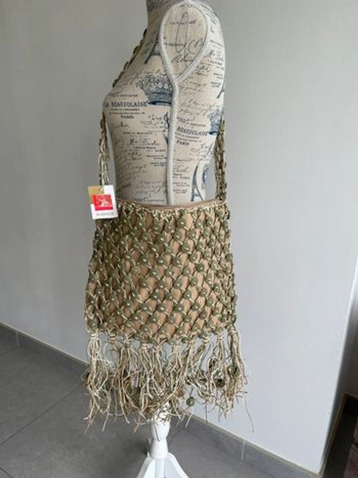 Grand sac raphia (31x38cm) beige et vert
