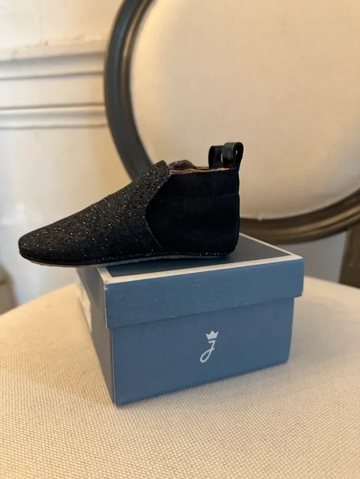 NEUF Jacadi chaussures chaussons cuir bleu marine pailletées bébé fille 19 Basila - photo numéro 5