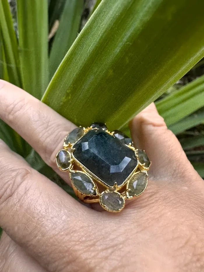 Grosse bague habaha paris labradorite acier inoxydable or réglable - photo numéro 4