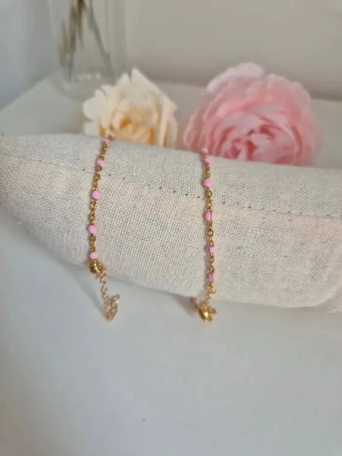 Lot de 2 bracelets en acier inoxydable dorée perles roses - photo numéro 3