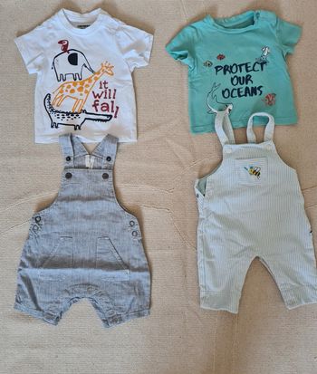 Lot de 2 salopettes + tee shirt MC : 3mois
