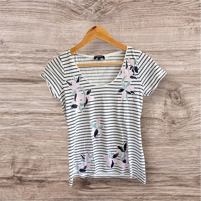 T-shirt manches courtes bleu marine blanc à rayure dessin Caroll taille 36 S