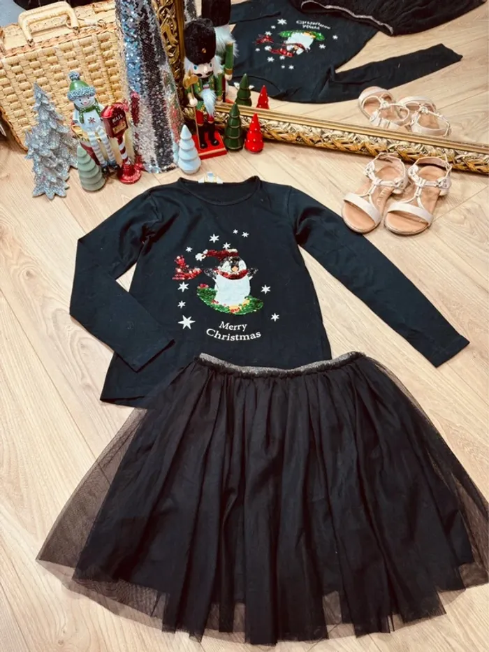 Taille 10 ans tenue 2 pièces fête Noël fille Monoprix Kloane noir * pingouin sequin * 🎄