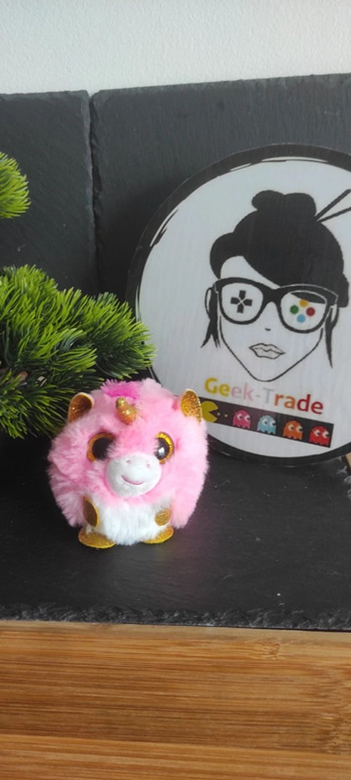 peluche Ty Puffies Fantasia Licorne Boule Rose doré Blanc Corne Yeux Fourrure