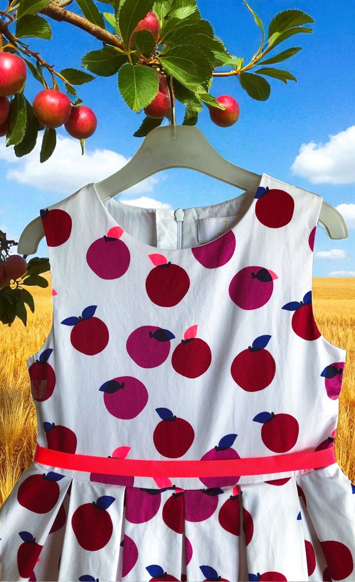 JACADI - ROBE FILLE MOTIF FRUITS, TOUCHES ROSE FLUO, ÉVASÉE & PLIS SUR LE BAS 8A - photo numéro 4
