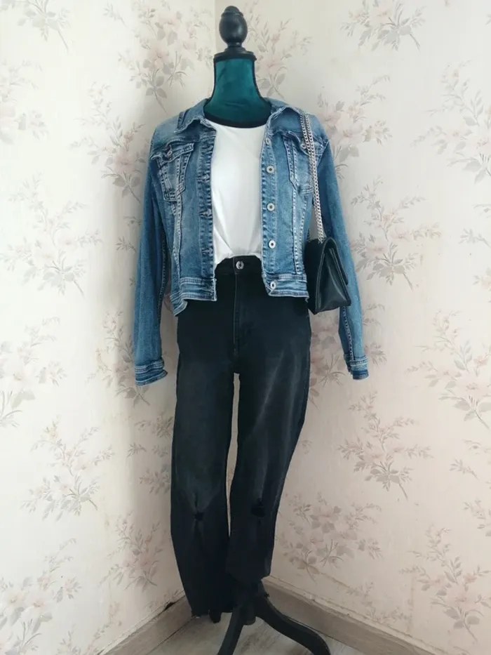 Veste en jeans bleu avec tête d'indien à strass dans le dos / boutique indépendante / (XL)
