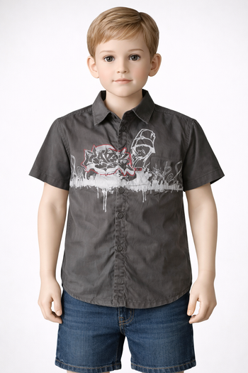 Chemise manches courtes grise et blanche imprimée Taille 12 ans Ovregame manches courtes