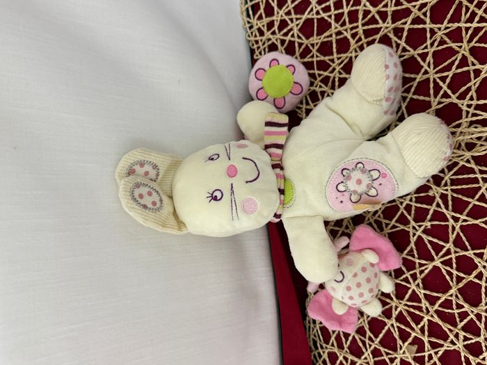 Doudou NICOTOY LAPIN ECRU ROSE PAPILLON ECHARPE RAYEE ROND - photo numéro 3