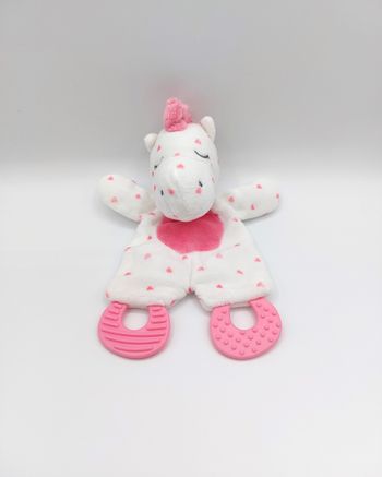 Doudou plat licorne blanc ZDT Action cœurs roses anneau dentition