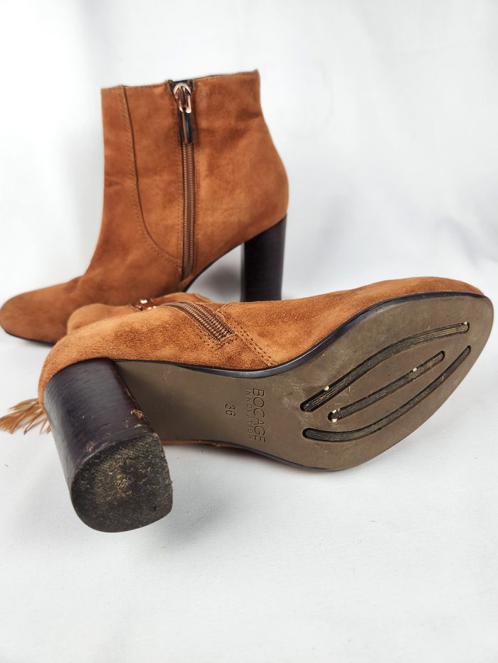 Bottines Bocage Femme Daim Marron Franges Plumes Taille 36 Talon Fermeture Éclair - photo numéro 9