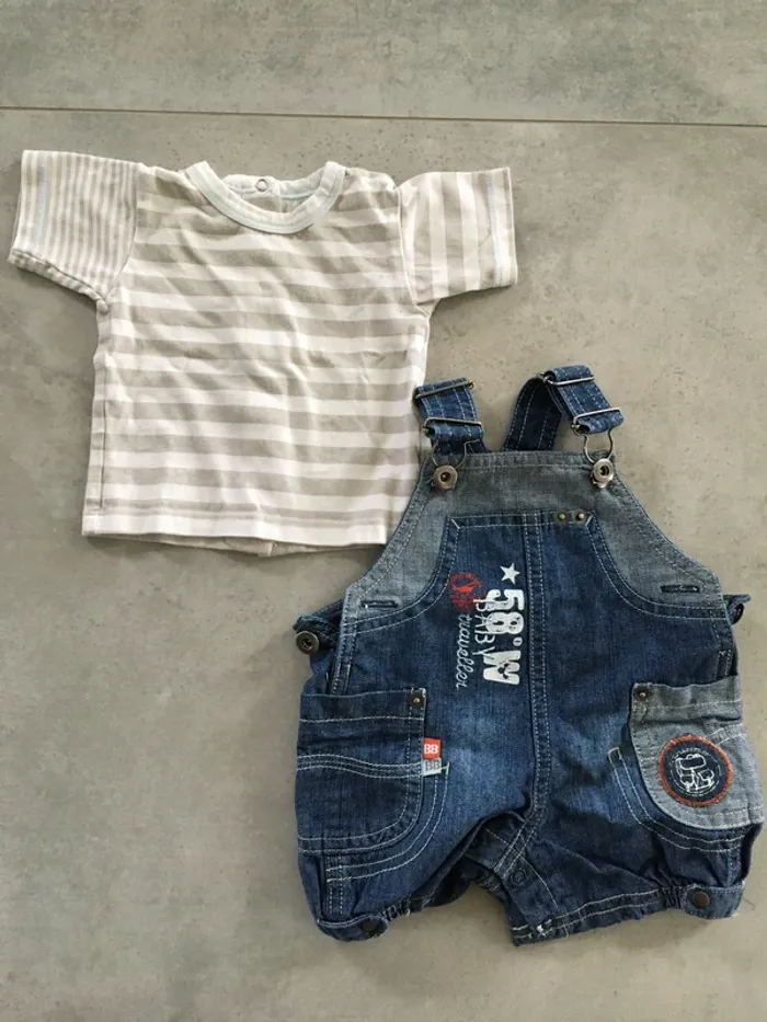 Salopette été + t-shirt rayé 1 mois - photo numéro 2