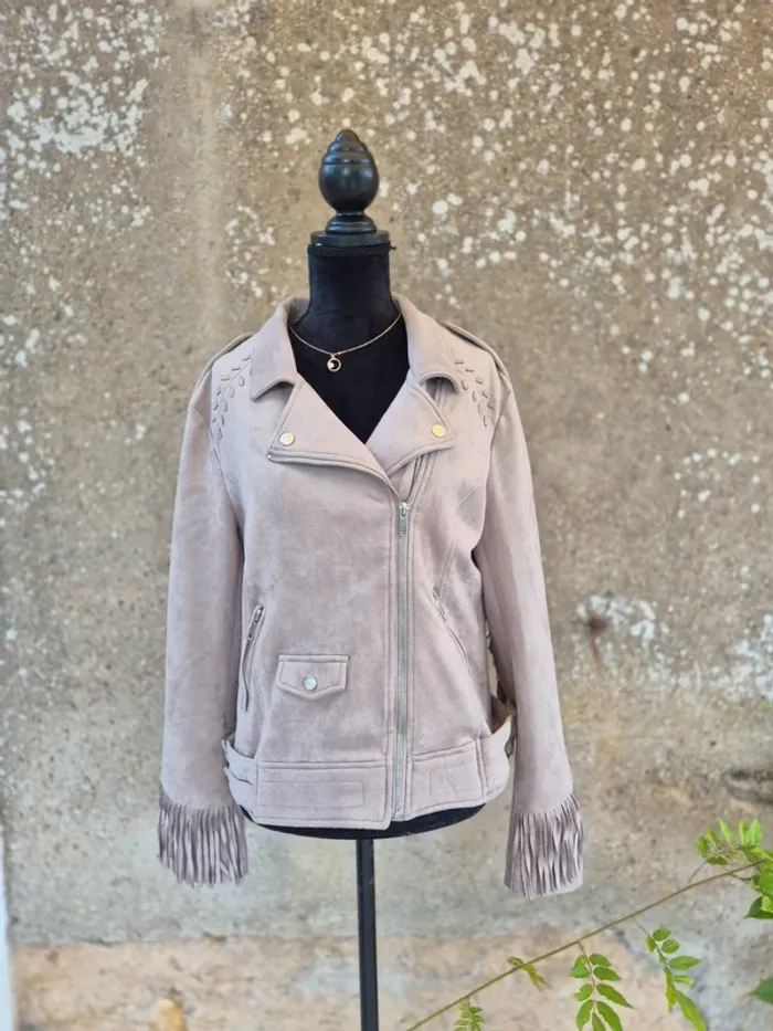 Veste / Perfecto suedine taupe a franges Amisu T.40