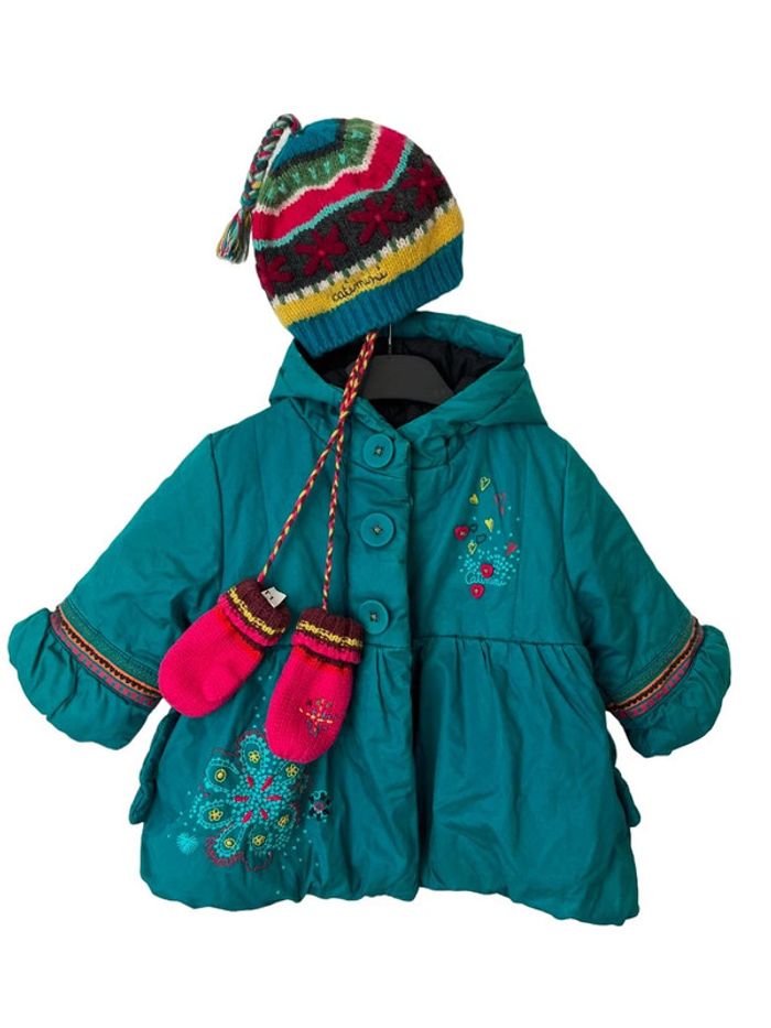 Ensemble parka à capuche turquoise + bonnet + moufles - Catimini 6 mois