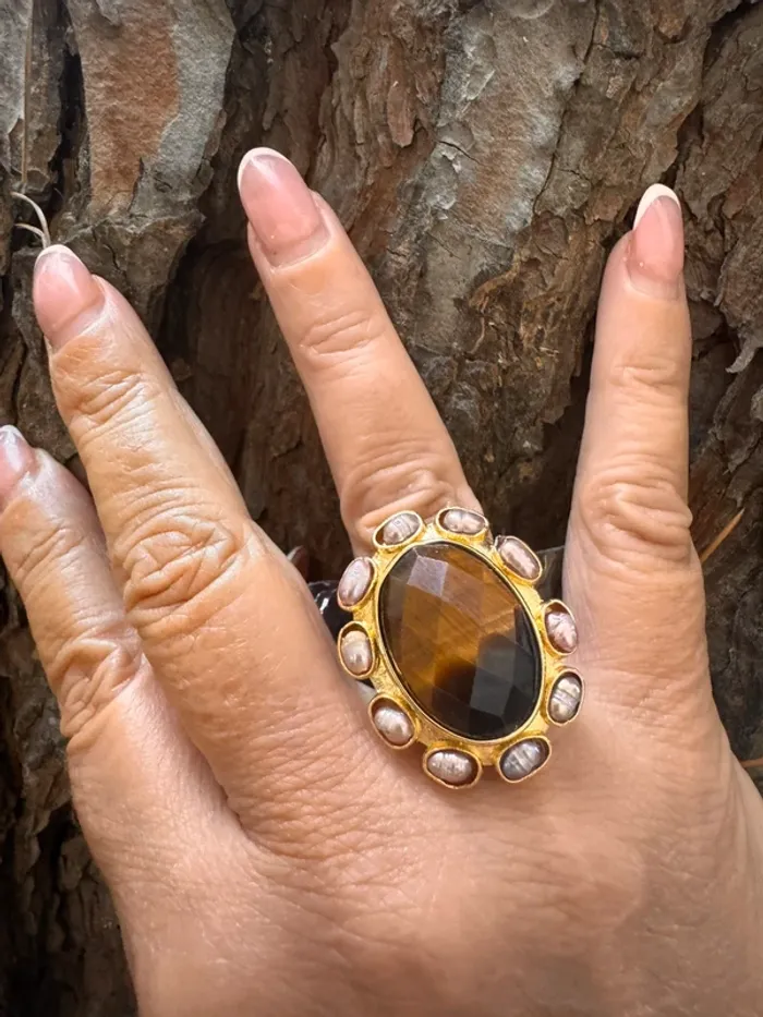 bague habaha Paris  véritable œil de tigre et pierres d’eaux douces acier inoxydable or réglable