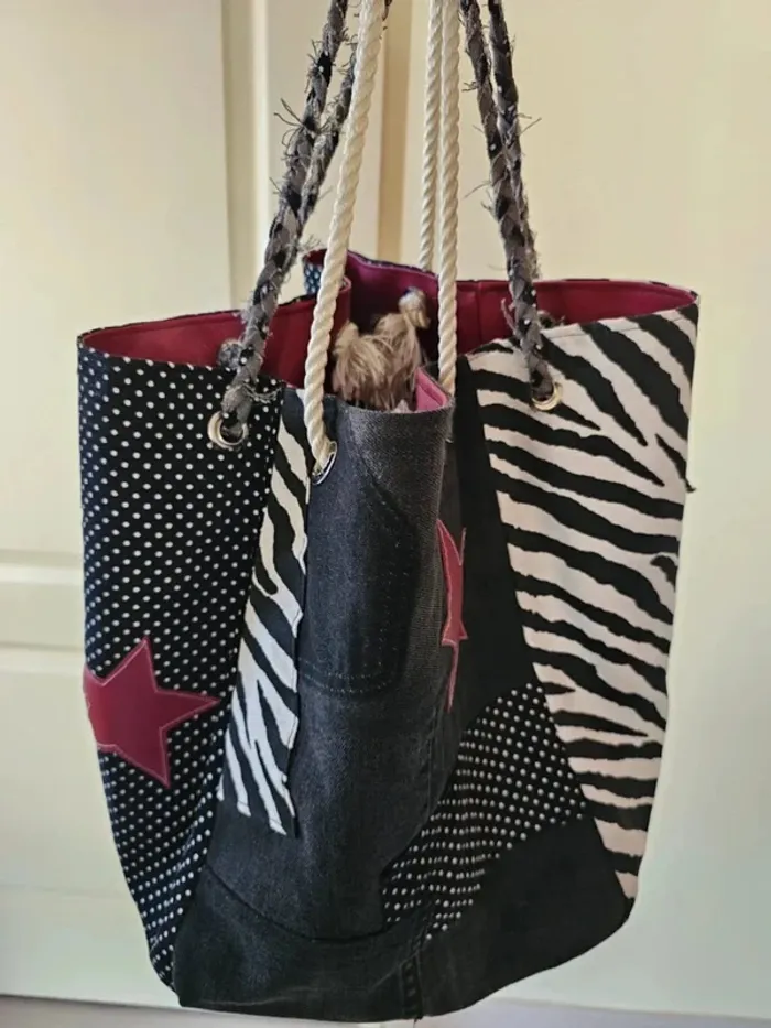 Sac cabas unique fait main – Patchwork denim, zèbre & pois – Style vintage original - photo numéro 4
