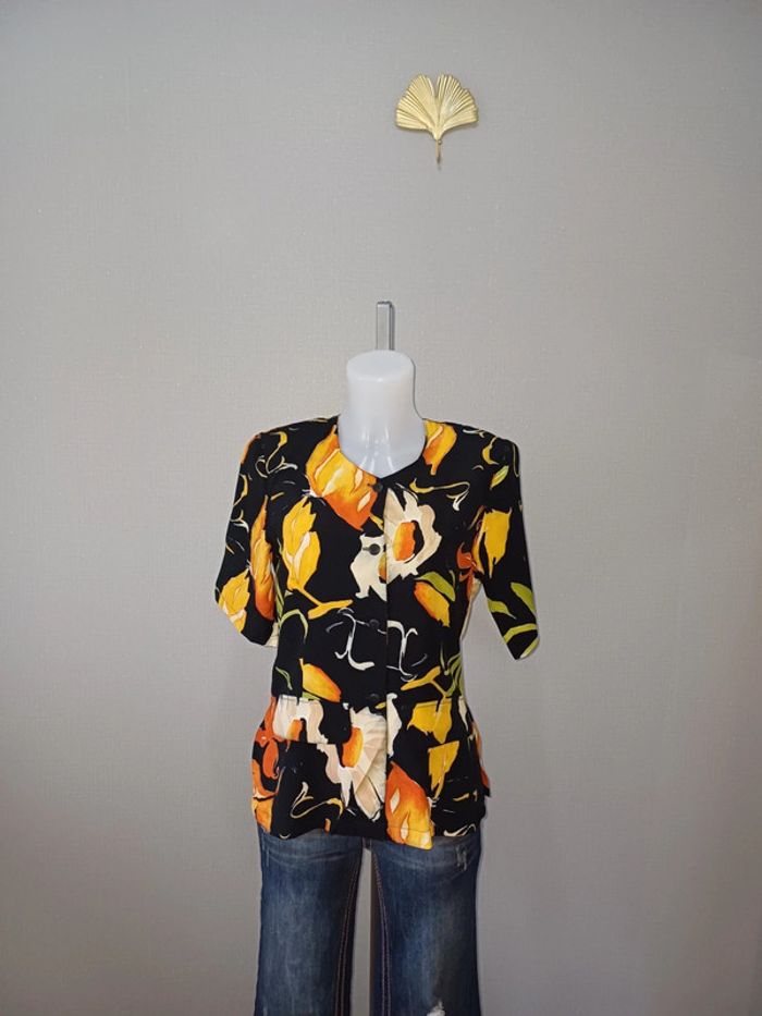 Blouse noire fleurie manches courtes taille 40 afibel