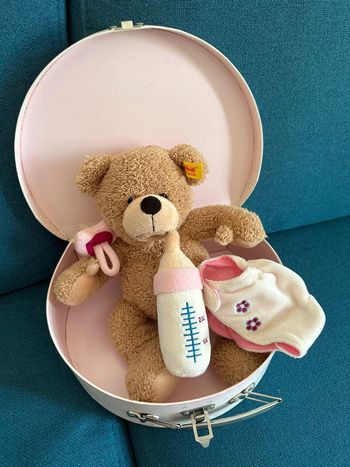 Coffret valise Ours Steiff  26cm rose biberon bébé couche tétine collection traditionnel