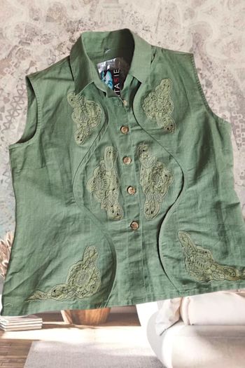 Chemise brodée sans manche en lin et coton kaki -M