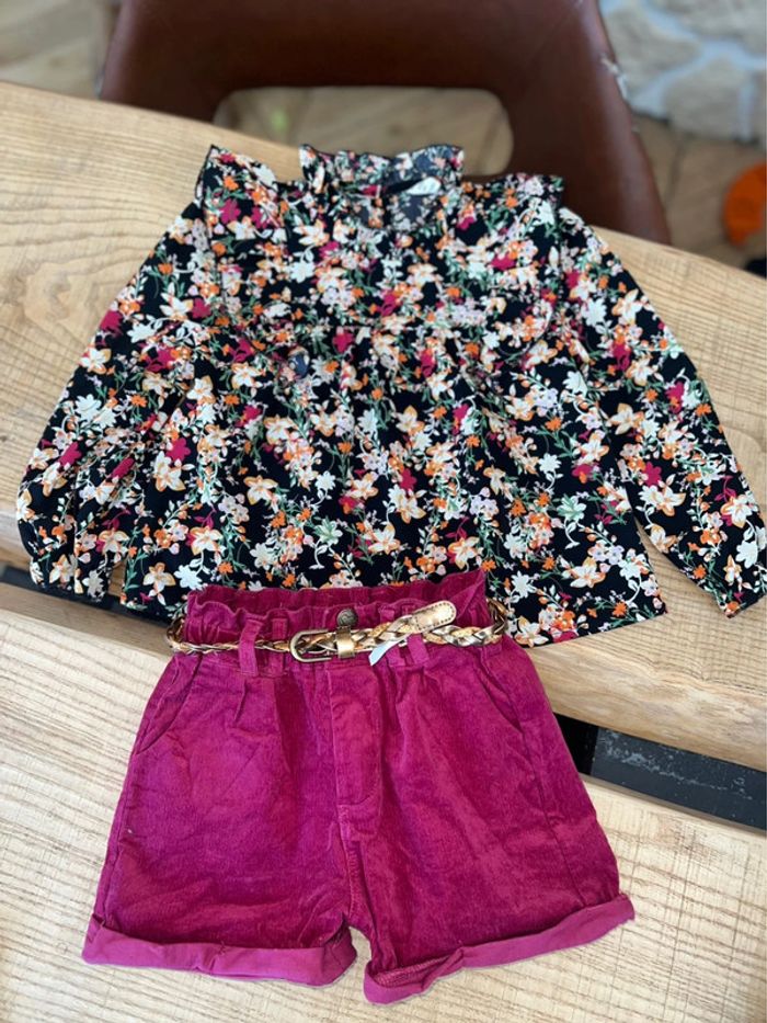 Ensemble 5 ans shein Lili marelle short velours côtelé blouse tunique à fleurs fille