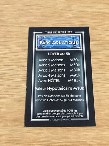 Carte titre de propriété parc aquatique pièce détachée jeu de société Monopoly Millionnaire #A45