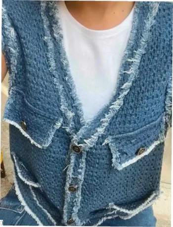 Gilet Femme Sans Manches Tweed Bleu Franges Boutons - Taille M Neuf Jamais Porté