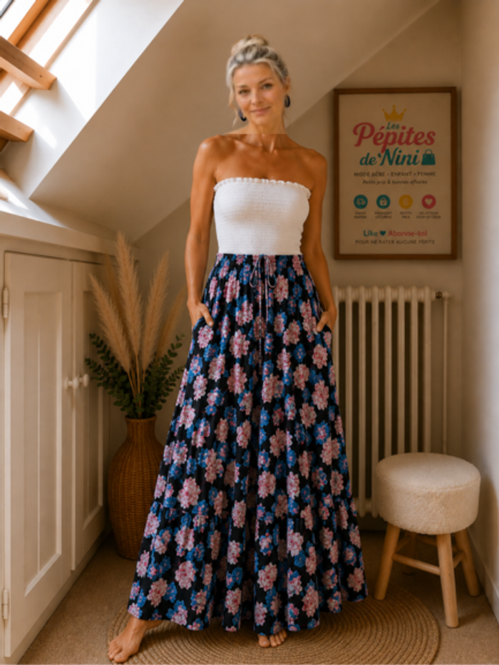 🌸 Robe longue bohème noir à fleurs roses 🌸 - photo numéro 2