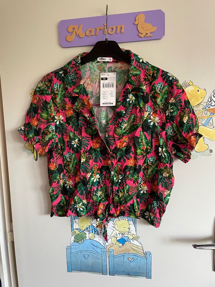 Chemise à manches courtes rose à motifs colorés, taille 14 ans, marque Gemo