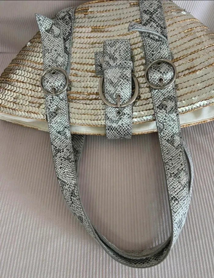 Sac à main paille sequin argenté effet pitons - photo numéro 6