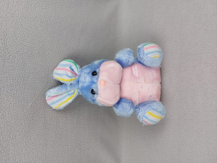 Peluche ancien doudou lapin BOULGOM bleu rose tissu rayé 26 cm vintage