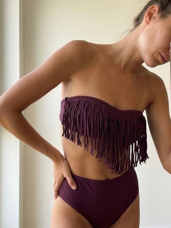 👙 Haut de maillot de bain bandeau à franges – Prune / Bordeaux - Taille S