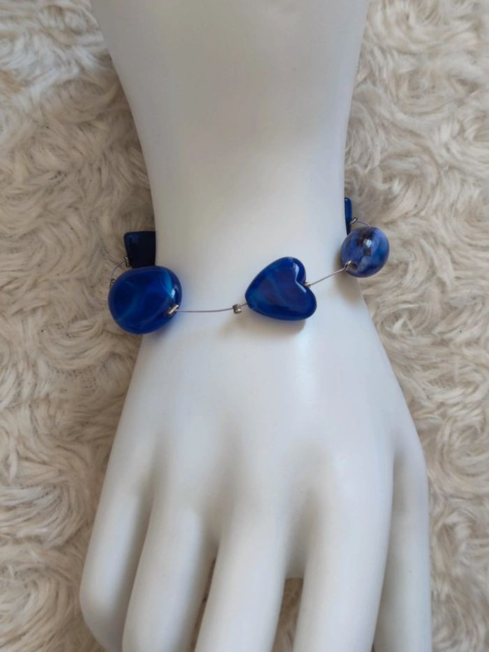 lot de 2 bracelets fantaisie pierres perles bleues marine et métal argenté - photo numéro 3