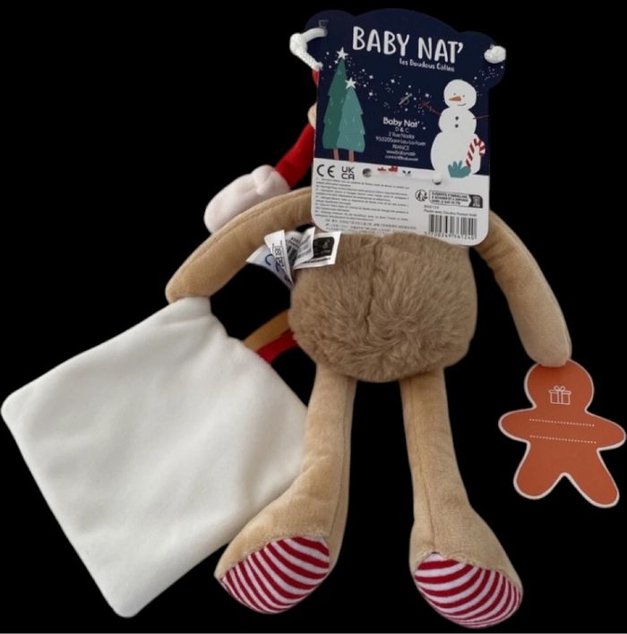 ❤️B4089 Doudou Pantin Ourson Ours Beige Noël Mouchoir Blanc BABY NAT Babynat - photo numéro 2