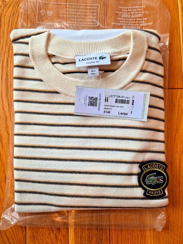 Pull "Lacoste" Blanc à rayures Taille L  Taille L neuf sous blister 100 % coton organique. - photo numéro 2