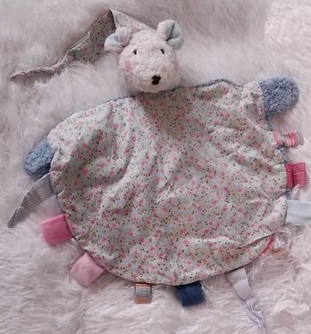 Doudou souris plat fleuris bleu - étiquettes- Kathe Kruse