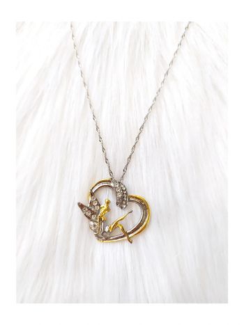 Collier chaîne métal argenté torsadé pendentif cœur doré argenté strass fée clochette