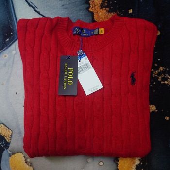 Pull torsadé col rond Polo Ralph Lauren rouge logo brodé jaune taille XL