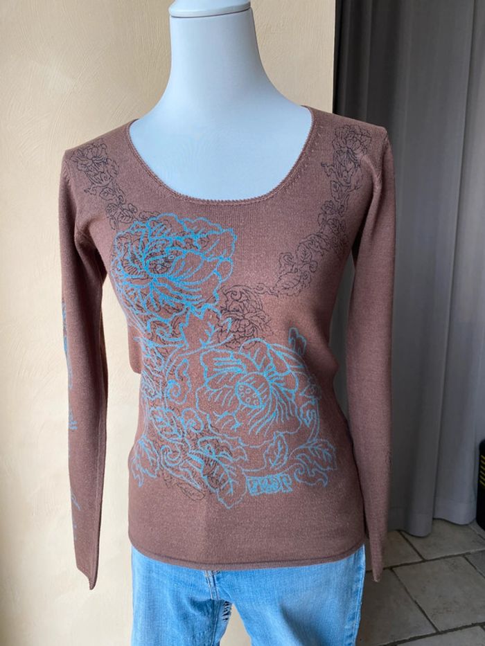 Pull marron à motifs fleurs DOP M - photo numéro 8