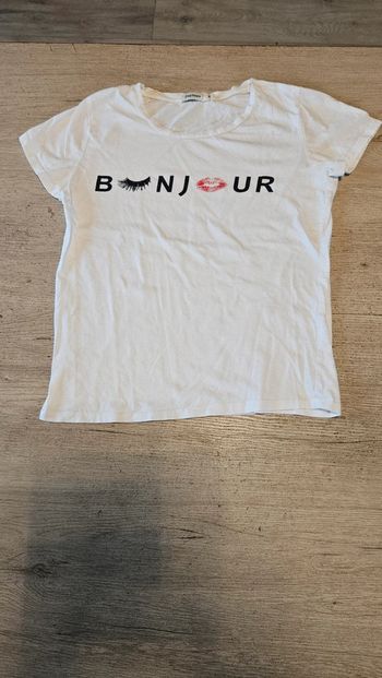 T shirt femme blanc à manches courtes avec Bonjour, Daphnea, S, peu mis