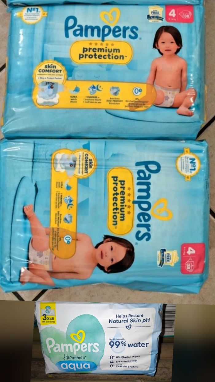 Lot 2 paquets pampers premium protection taille 4 + lot lingettes